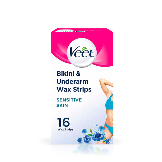 Veet Cold Wax Strips, Hair Removal, Bikini & Underarm, Sensitive Skin, 16 Strips each, 3 Finish Wipes (Packing May Vary).