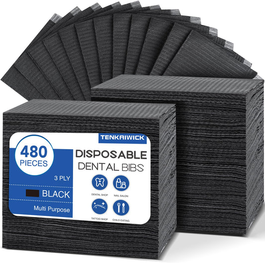 480 Pack Disposable Dental Bibs 13"x18"，3-Ply Waterproof Tattoo Bibs Sheet for Nail Salon，Dental Clinic，Feeding，Tattoo Shop (Black)